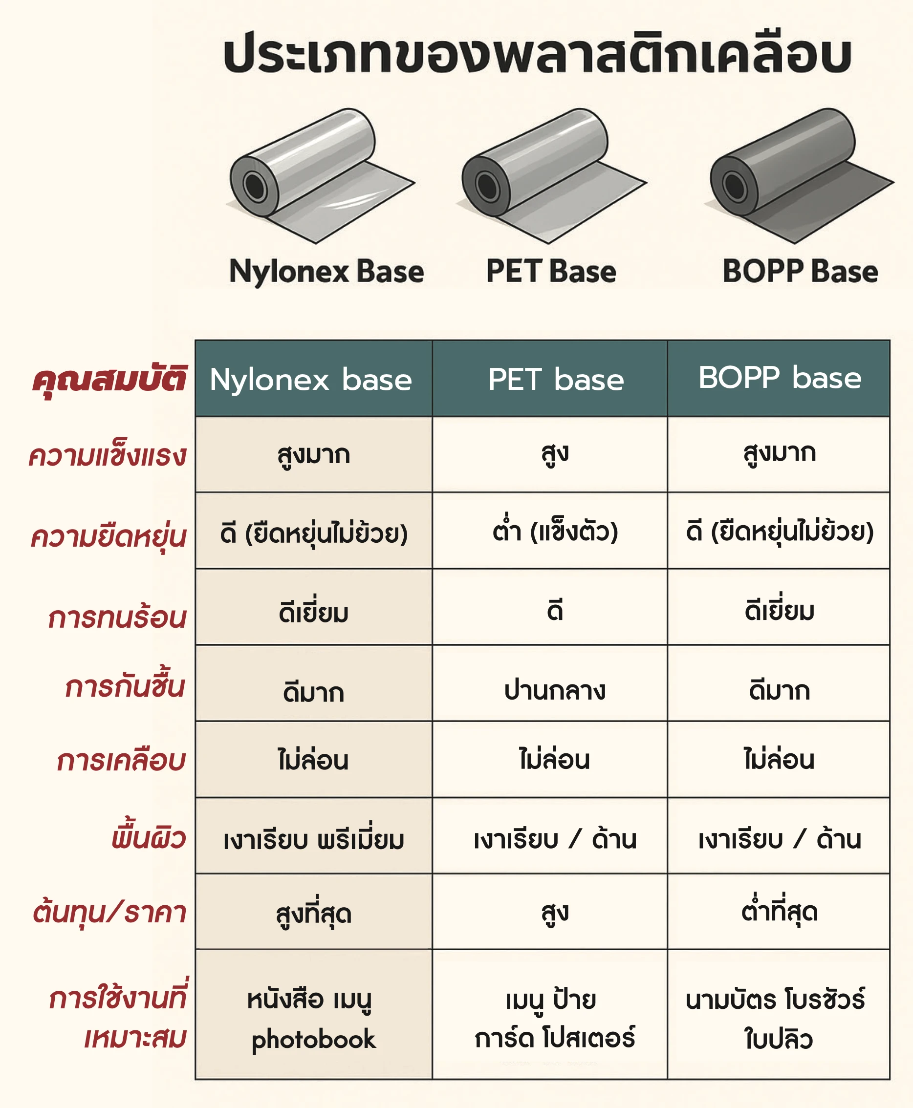 ตารางเปรียบเทียบประเภทของพลาสติกเคลือบทั้ง 3 แบบ